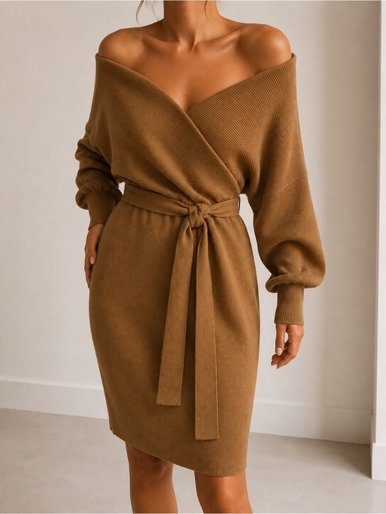 Gianni Bini Dresses & Skirts - Gianni Bini One-Shoulder Belted Knit Dress in Camel Brown